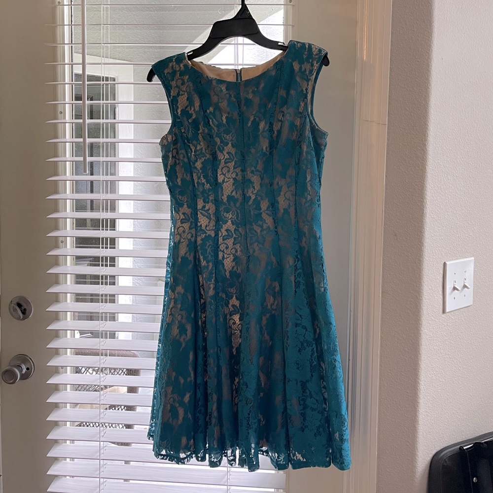 Nude and teal Julian Taylor teal dress size 8